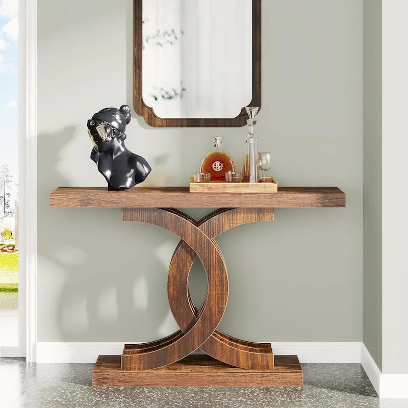 Consoles en bois de style ferme avec base géométrique pour entrée