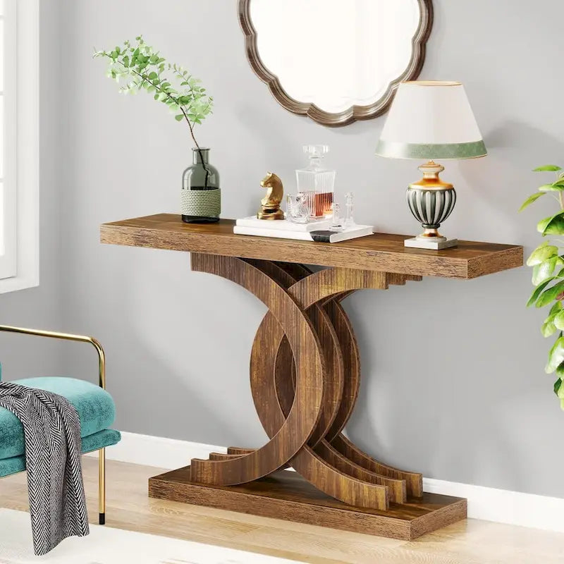 Consoles en bois de style ferme avec base géométrique pour entrée