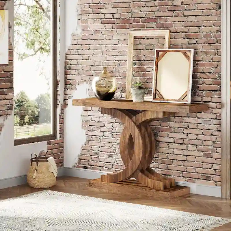 Consoles en bois de style ferme avec base géométrique pour entrée
