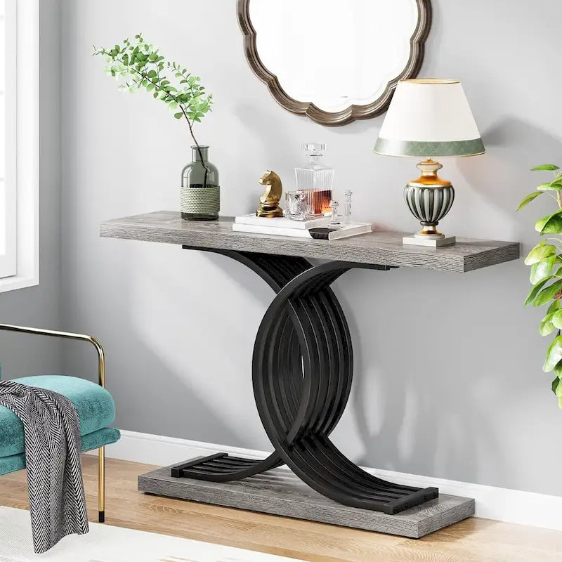 Consoles en bois de style ferme avec base géométrique pour entrée