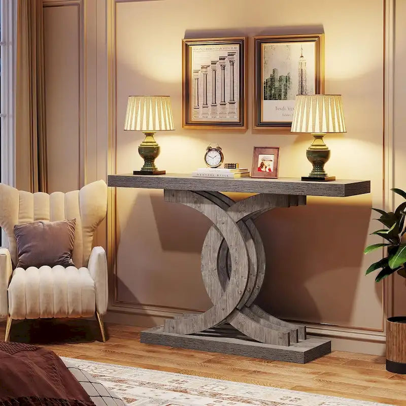 Consoles en bois de style ferme avec base géométrique pour entrée