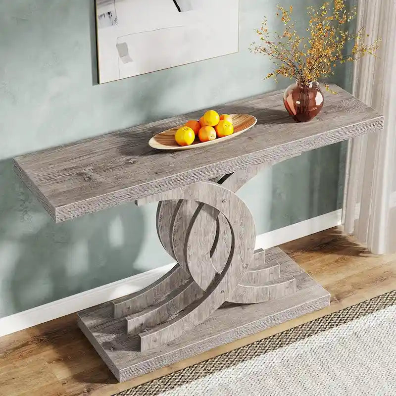 Consoles en bois de style ferme avec base géométrique pour entrée