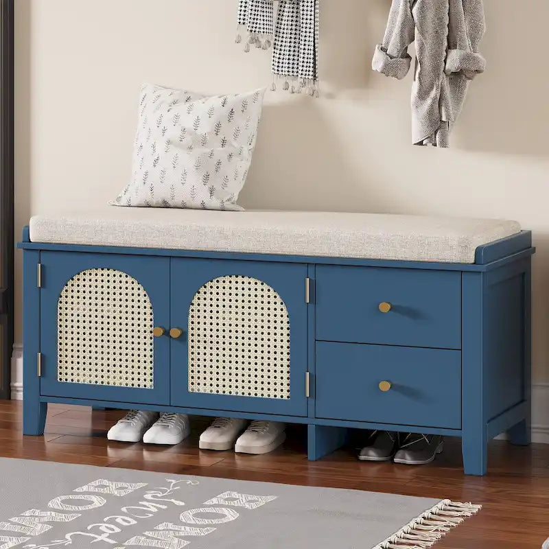 Banc à chaussures vintage avec coussin, 2 tiroirs et 2 portes en rotin