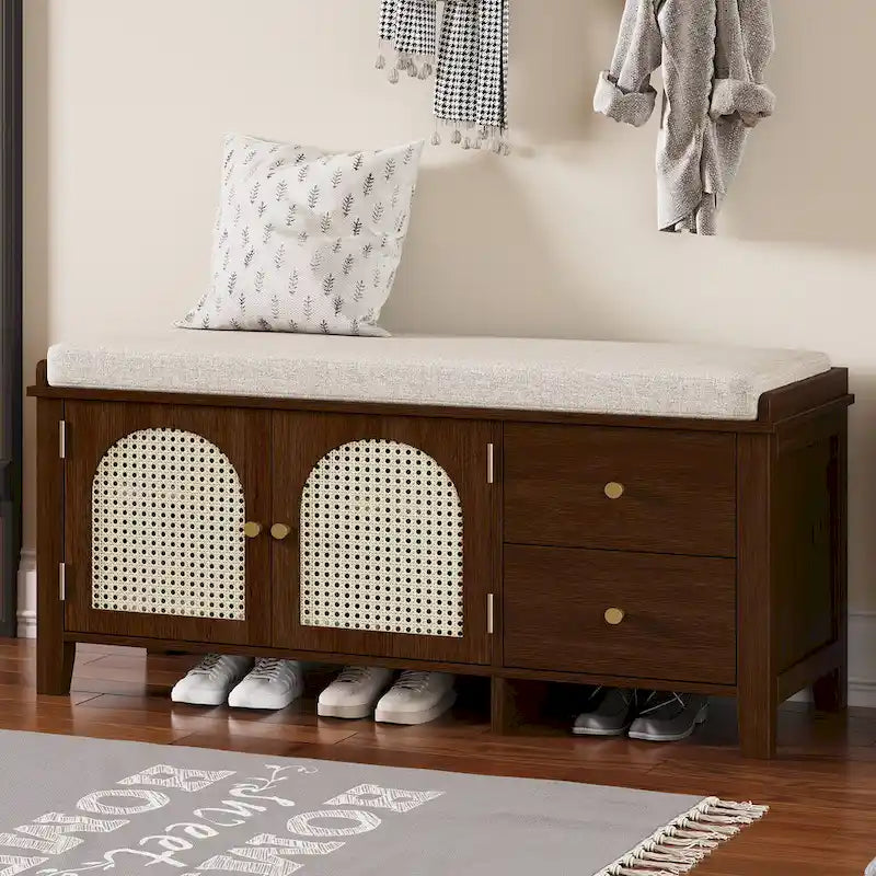 Banc à chaussures vintage avec coussin, 2 tiroirs et 2 portes en rotin
