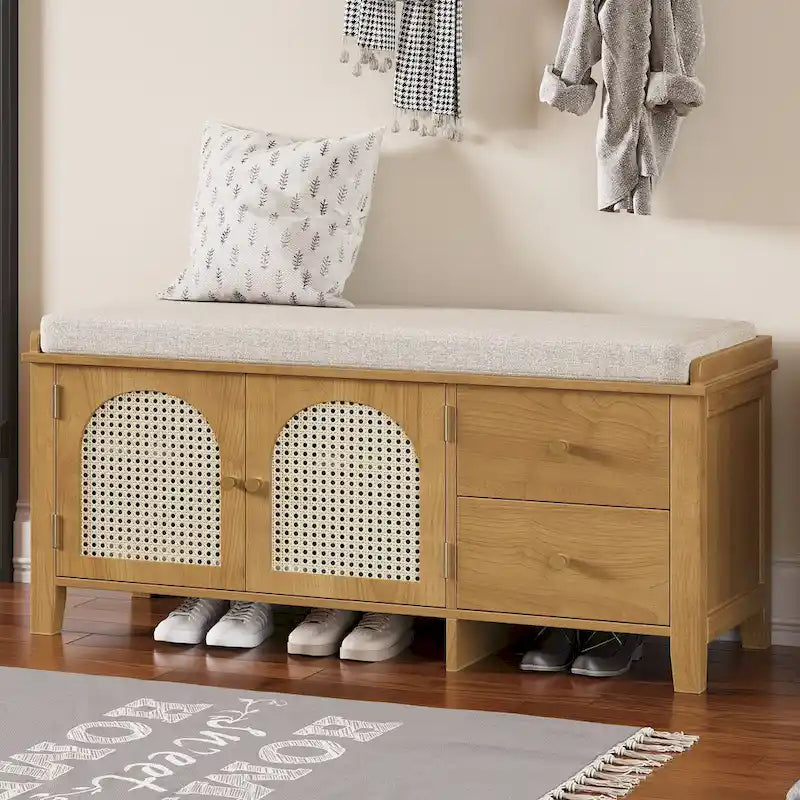 Banc à chaussures vintage avec coussin, 2 tiroirs et 2 portes en rotin