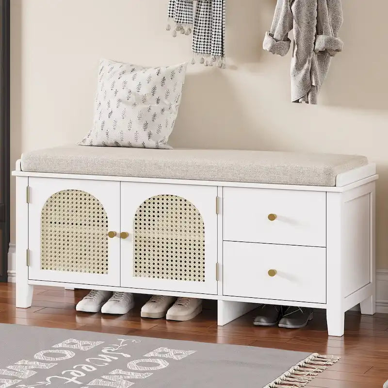 Banc à chaussures vintage avec coussin, 2 tiroirs et 2 portes en rotin