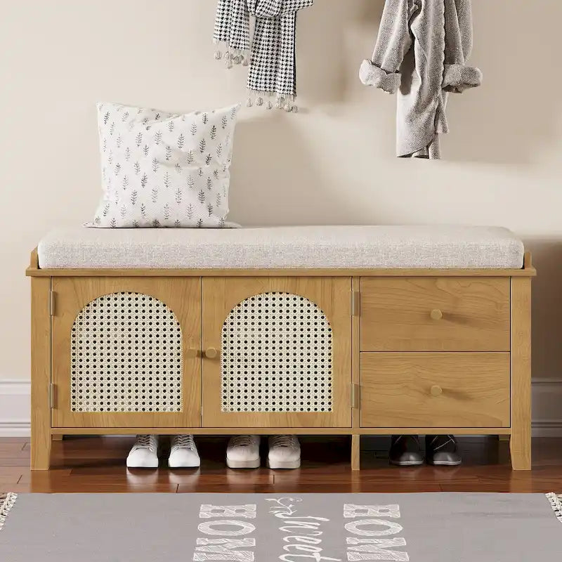 Banc à chaussures vintage avec coussin, 2 tiroirs et 2 portes en rotin
