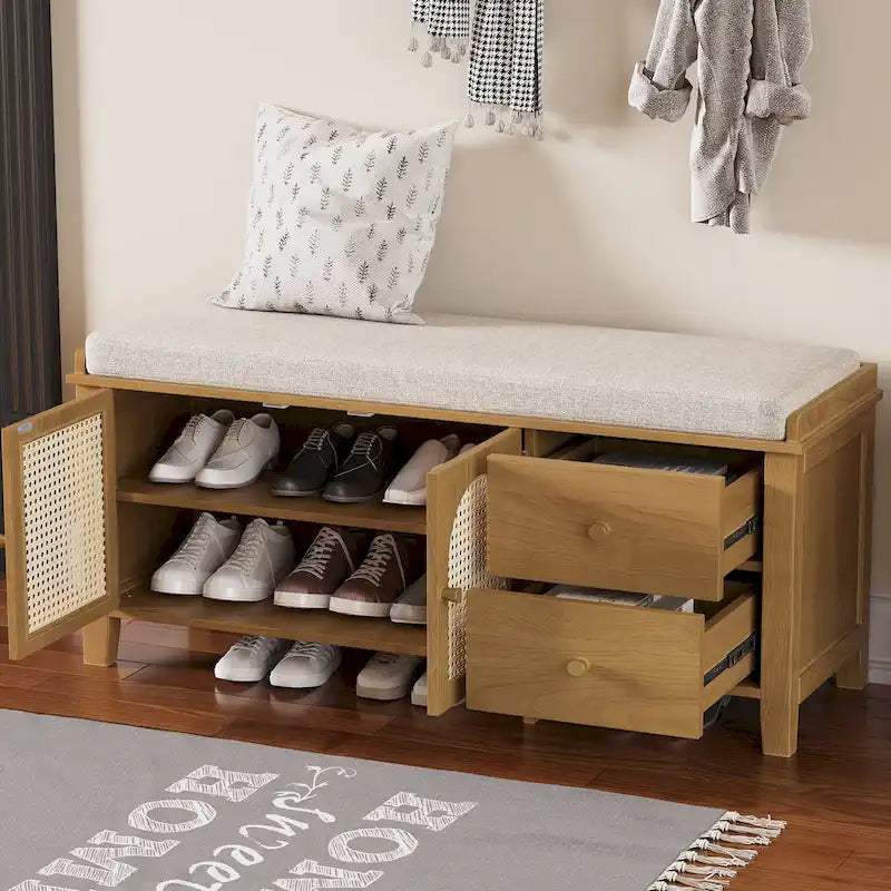 Banc à chaussures vintage avec coussin, 2 tiroirs et 2 portes en rotin