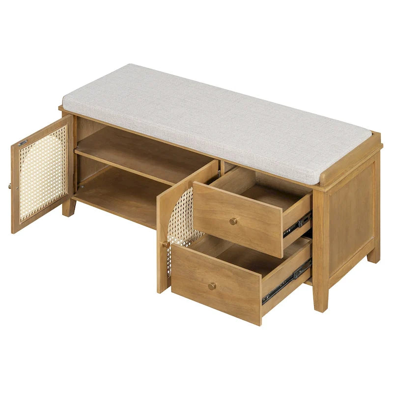 Banc à chaussures vintage avec coussin, 2 tiroirs et 2 portes en rotin
