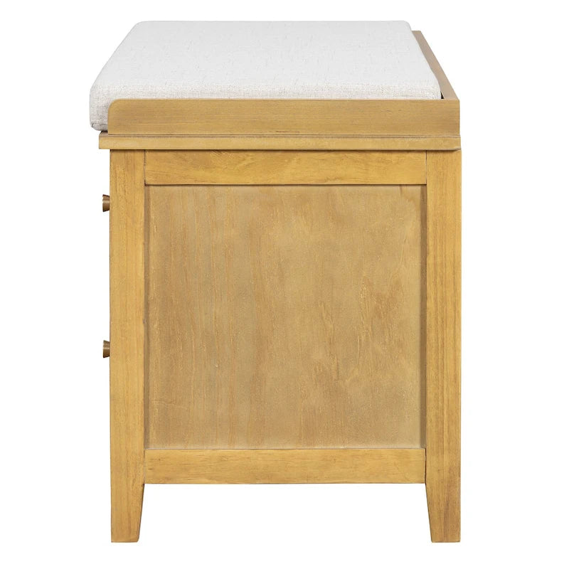 Banc à chaussures vintage avec coussin, 2 tiroirs et 2 portes en rotin