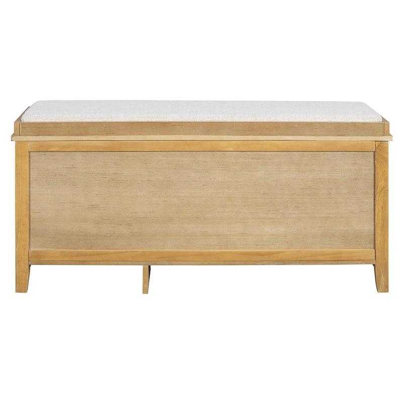 Banc à chaussures vintage avec coussin, 2 tiroirs et 2 portes en rotin