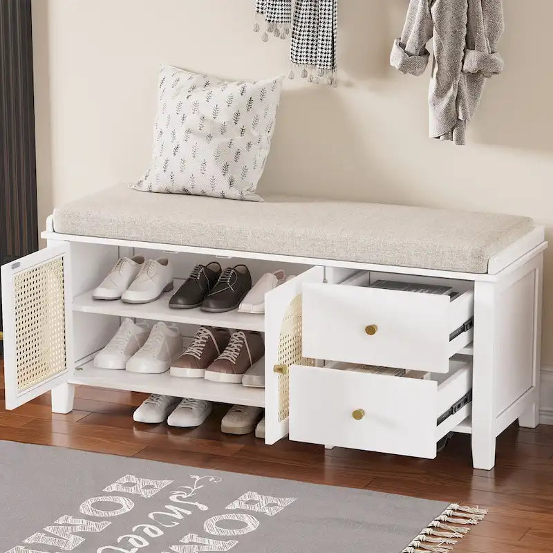 Banc à chaussures vintage avec coussin, 2 tiroirs et 2 portes en rotin