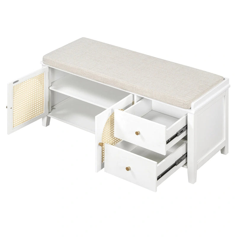 Banc à chaussures vintage avec coussin, 2 tiroirs et 2 portes en rotin