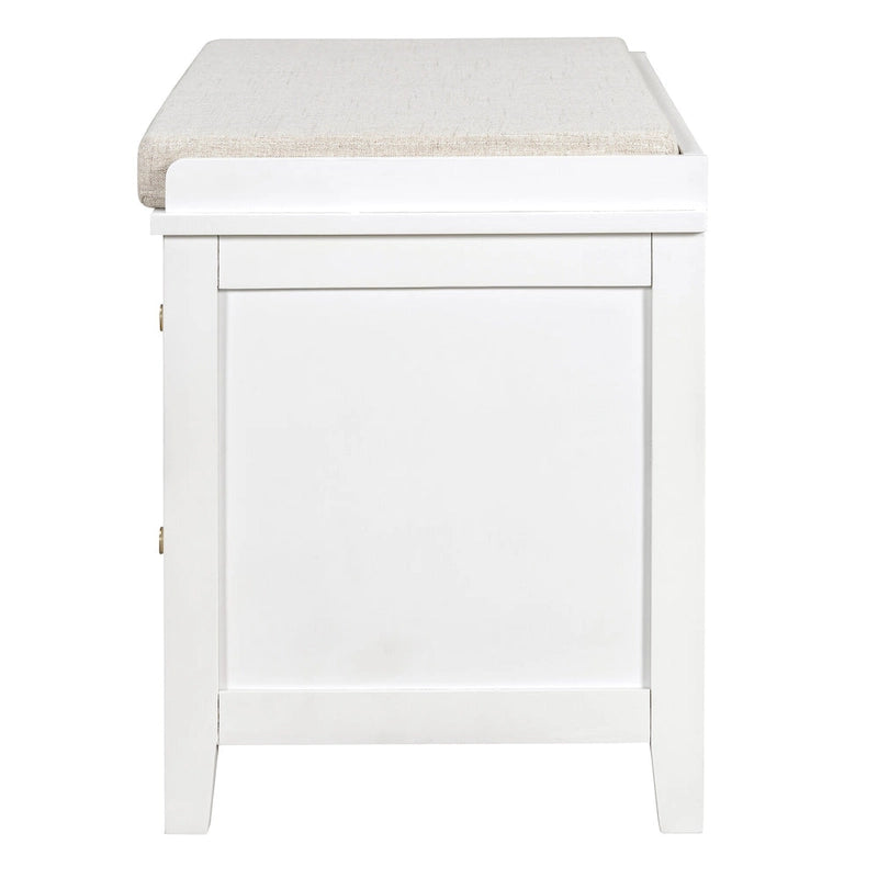 Banc à chaussures vintage avec coussin, 2 tiroirs et 2 portes en rotin