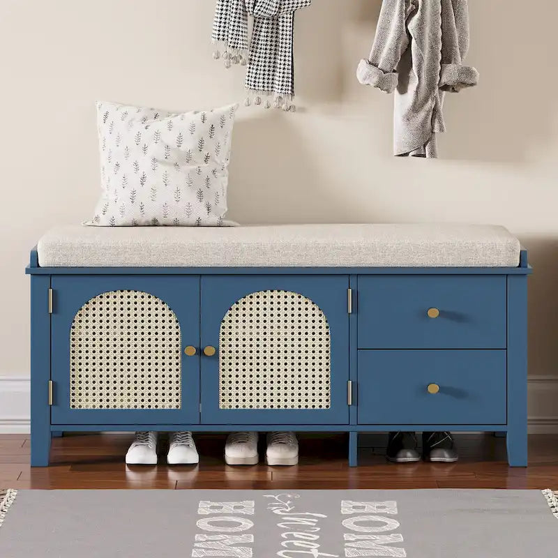 Banc à chaussures vintage avec coussin, 2 tiroirs et 2 portes en rotin