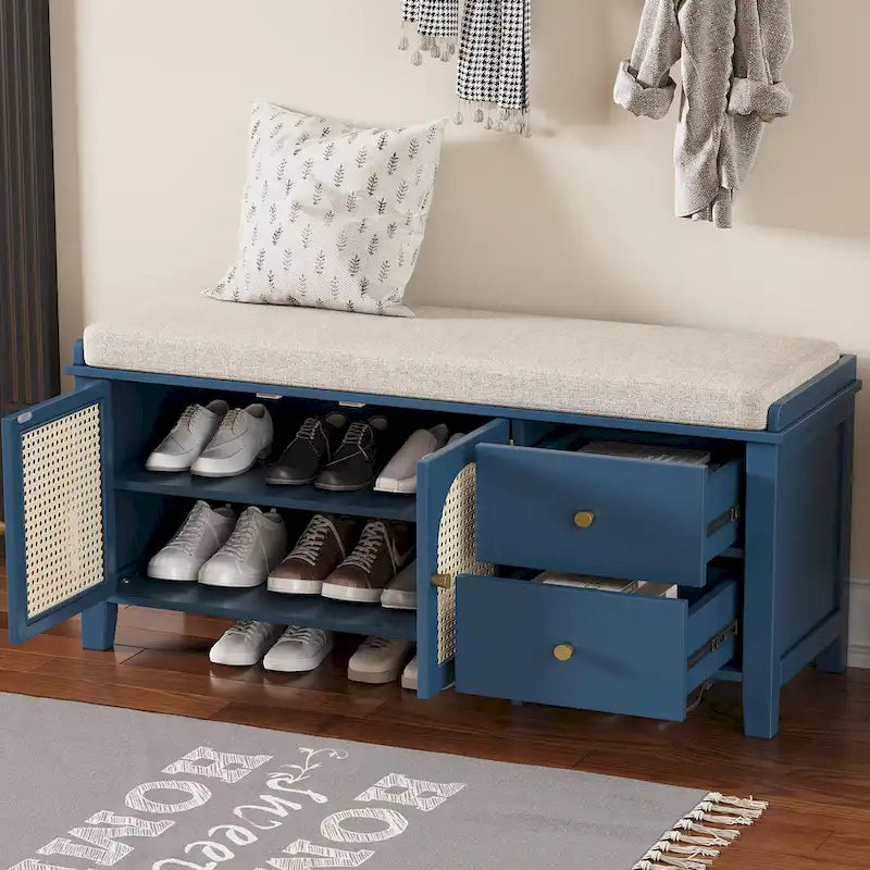Banc à chaussures vintage avec coussin, 2 tiroirs et 2 portes en rotin