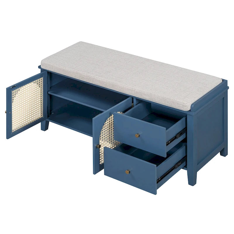Banc à chaussures vintage avec coussin, 2 tiroirs et 2 portes en rotin