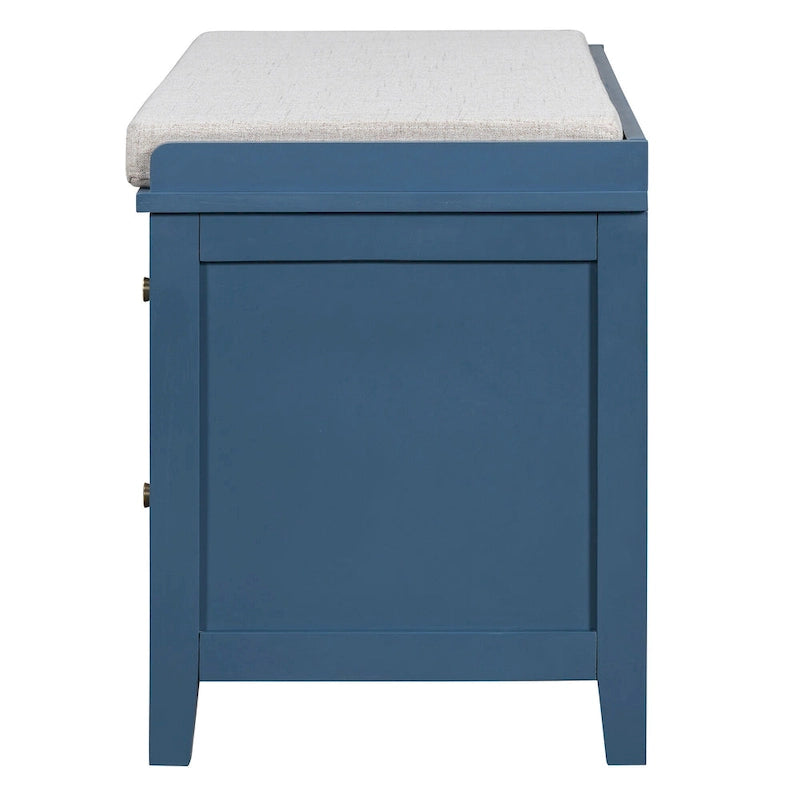 Banc à chaussures vintage avec coussin, 2 tiroirs et 2 portes en rotin