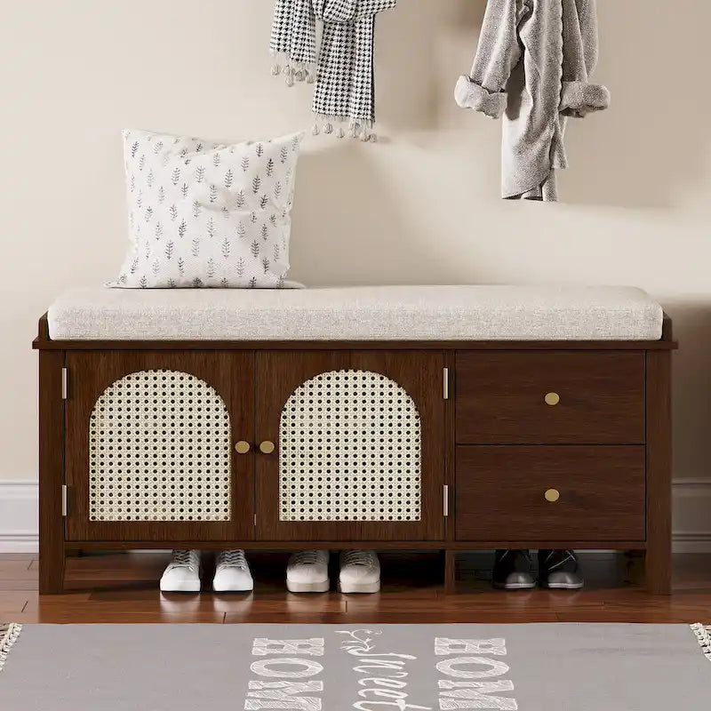 Banc à chaussures vintage avec coussin, 2 tiroirs et 2 portes en rotin