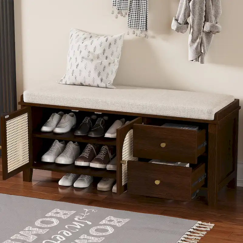 Banc à chaussures vintage avec coussin, 2 tiroirs et 2 portes en rotin
