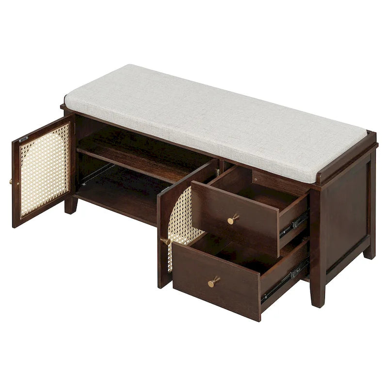 Banc à chaussures vintage avec coussin, 2 tiroirs et 2 portes en rotin