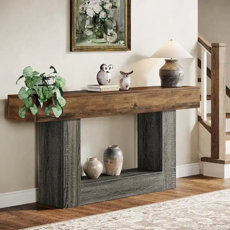 Console de ferme 63, table d'entrée à 2 niveaux, table de canapé étroite et longue en bois