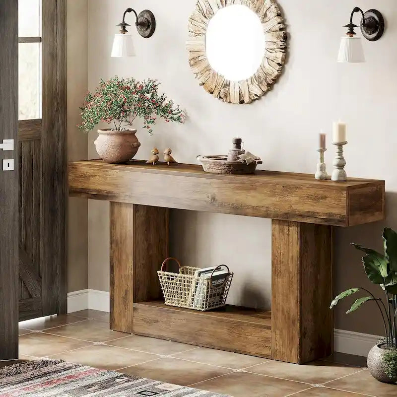Console de ferme 63, table d'entrée à 2 niveaux, table de canapé étroite et longue en bois
