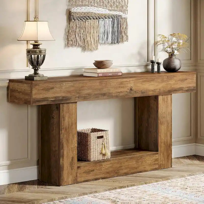 Console de ferme 63, table d'entrée à 2 niveaux, table de canapé étroite et longue en bois