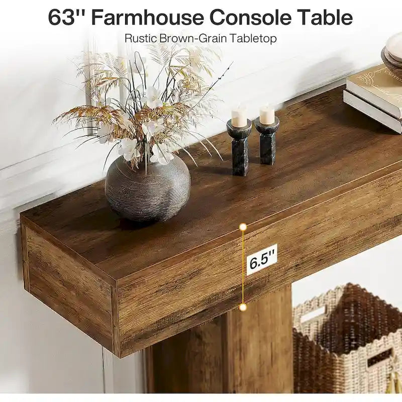 Console de ferme 63, table d'entrée à 2 niveaux, table de canapé étroite et longue en bois