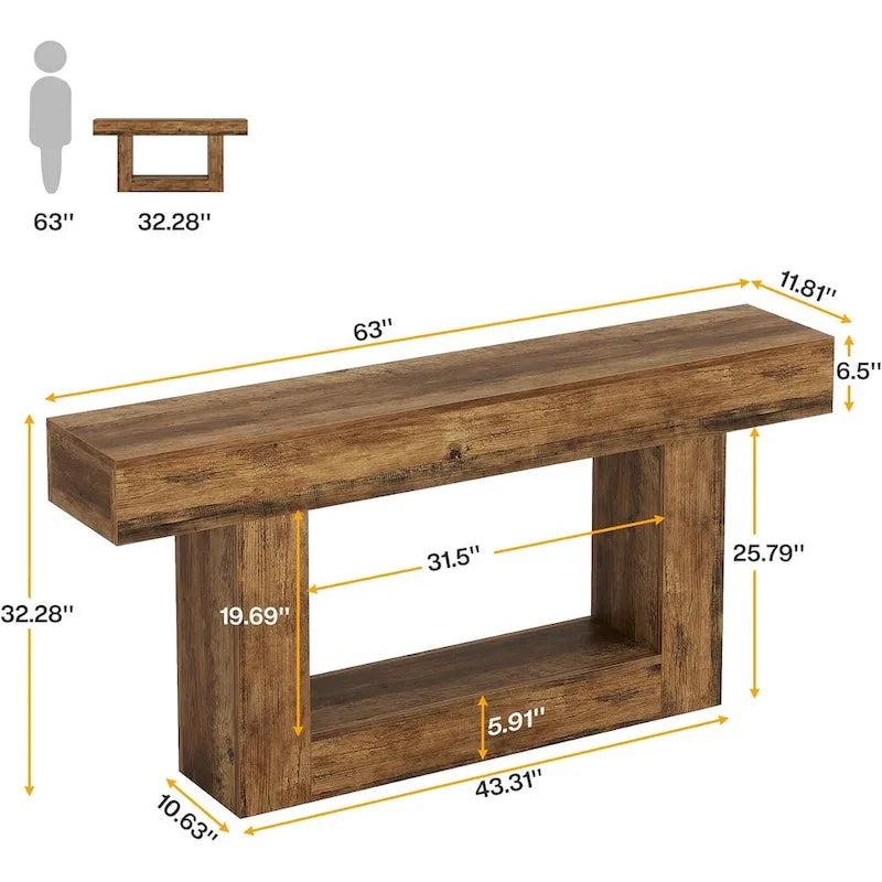 Console de ferme 63, table d'entrée à 2 niveaux, table de canapé étroite et longue en bois