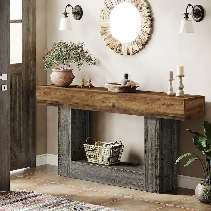 Console de ferme 63, table d'entrée à 2 niveaux, table de canapé étroite et longue en bois