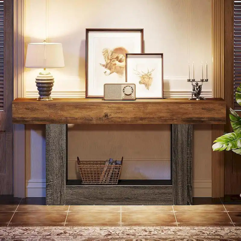 Console de ferme 63, table d'entrée à 2 niveaux, table de canapé étroite et longue en bois