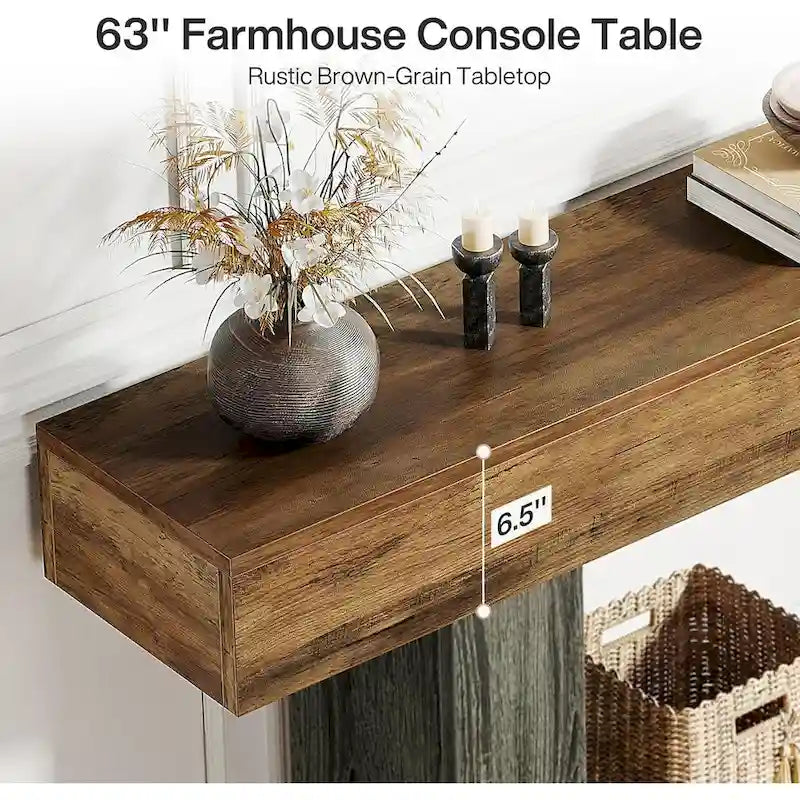 Console de ferme 63, table d'entrée à 2 niveaux, table de canapé étroite et longue en bois