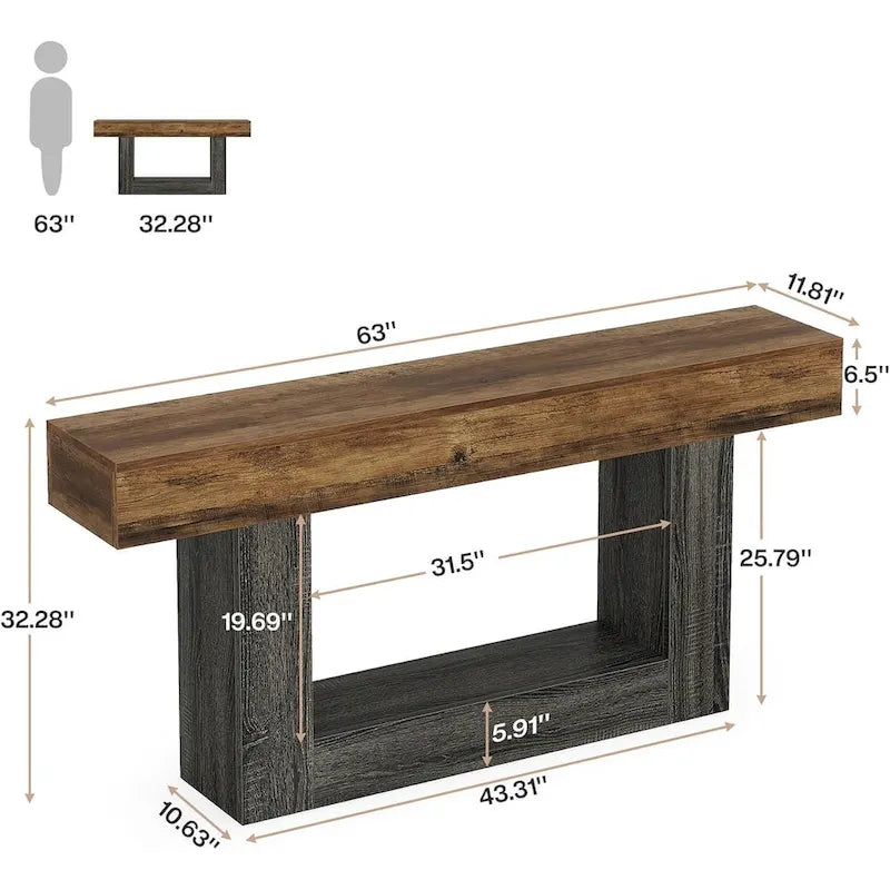 Console de ferme 63, table d'entrée à 2 niveaux, table de canapé étroite et longue en bois