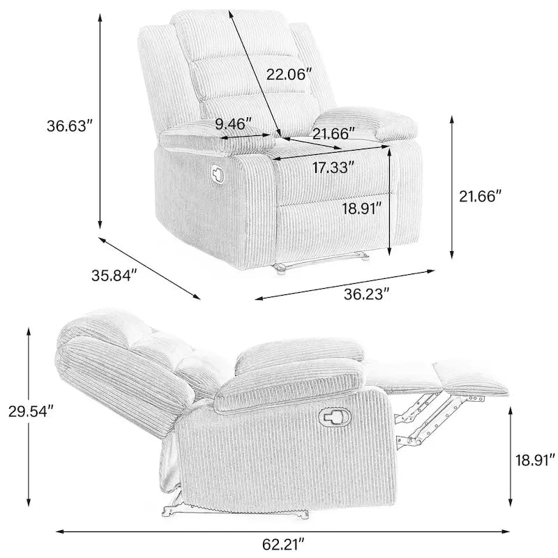 Fauteuil inclinable manuel moderne en velours côtelé, chaises longues inclinables réglables avec accoudoirs larges