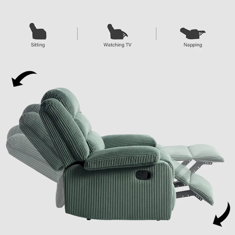 Fauteuil inclinable manuel moderne en velours côtelé, chaises longues inclinables réglables avec accoudoirs larges