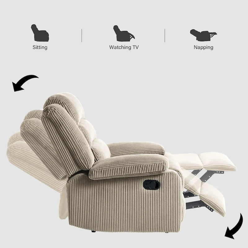 Fauteuil inclinable manuel moderne en velours côtelé, chaises longues inclinables réglables avec accoudoirs larges