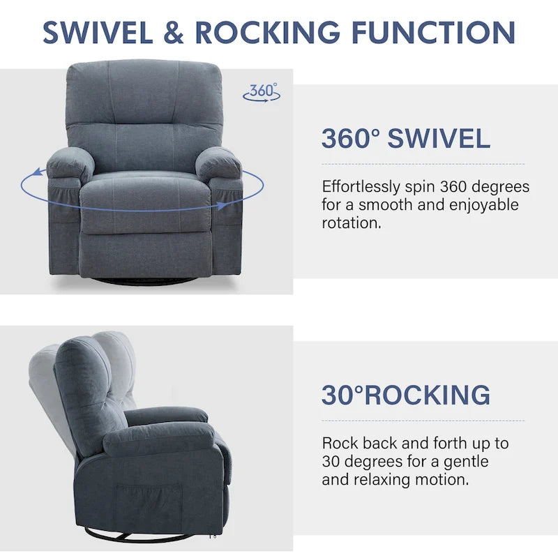Fauteuil inclinable, pivotant à 360° et à bascule en lin avec poches latérales