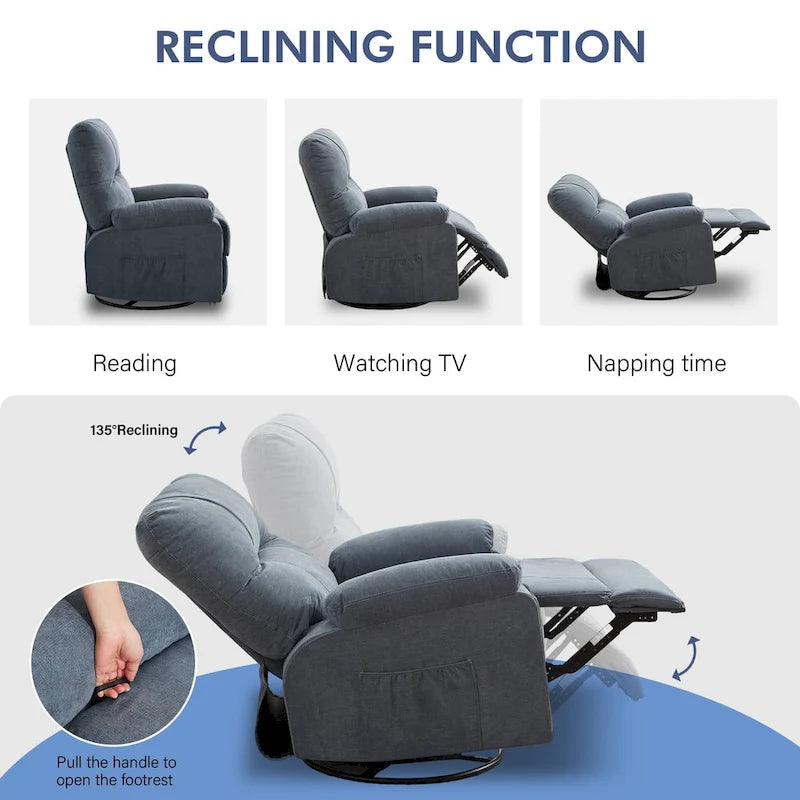 Fauteuil inclinable, pivotant à 360° et à bascule en lin avec poches latérales