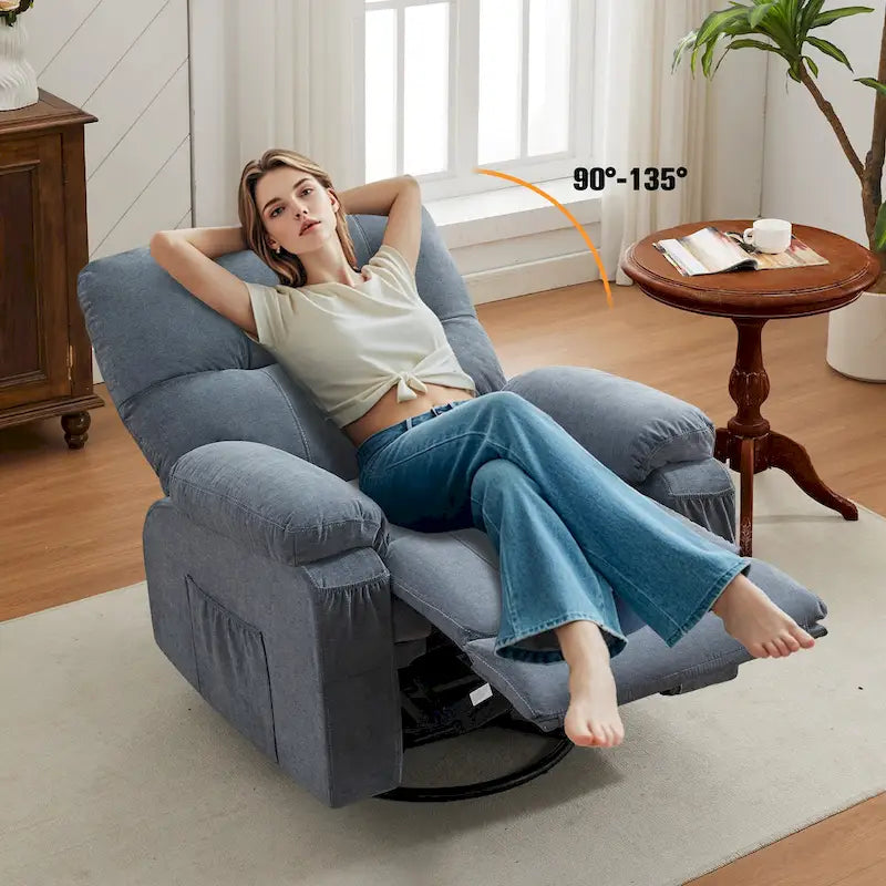 Fauteuil inclinable, pivotant à 360° et à bascule en lin avec poches latérales