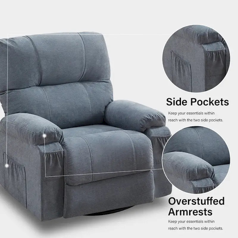 Fauteuil inclinable, pivotant à 360° et à bascule en lin avec poches latérales