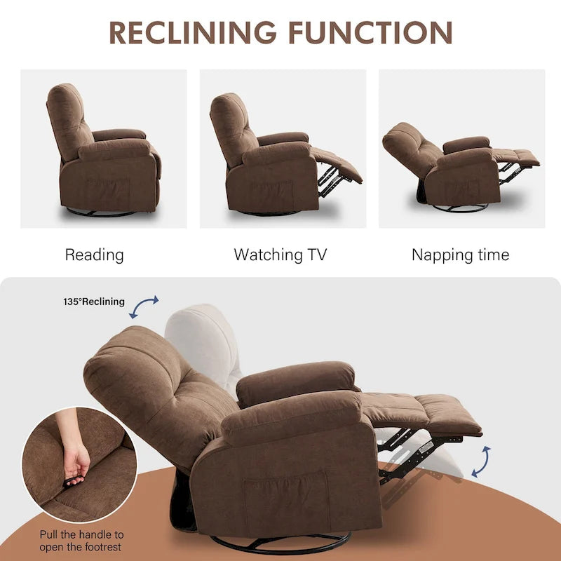 Fauteuil inclinable, pivotant à 360° et à bascule en lin avec poches latérales