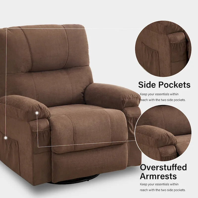 Fauteuil inclinable, pivotant à 360° et à bascule en lin avec poches latérales