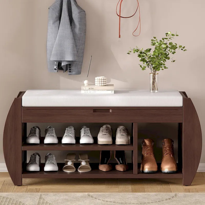 Banc de rangement rétro multifonctionnel avec coussin et panneau latéral courbé