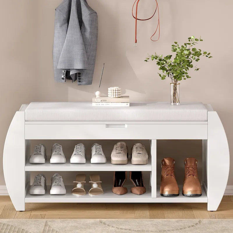Banc de rangement rétro multifonctionnel avec coussin et panneau latéral courbé