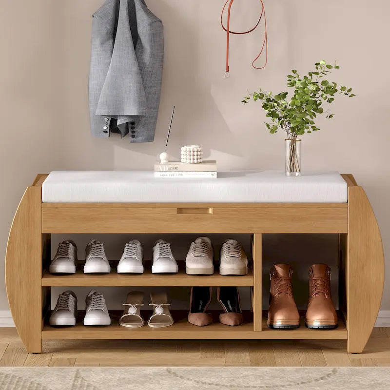 Banc de rangement rétro multifonctionnel avec coussin et panneau latéral courbé
