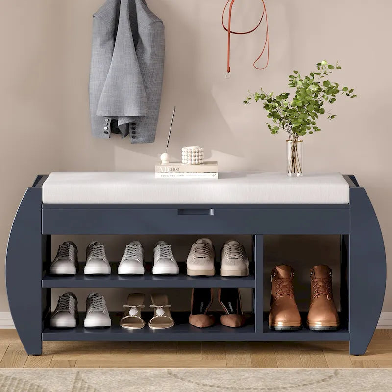 Banc de rangement rétro multifonctionnel avec coussin et panneau latéral courbé