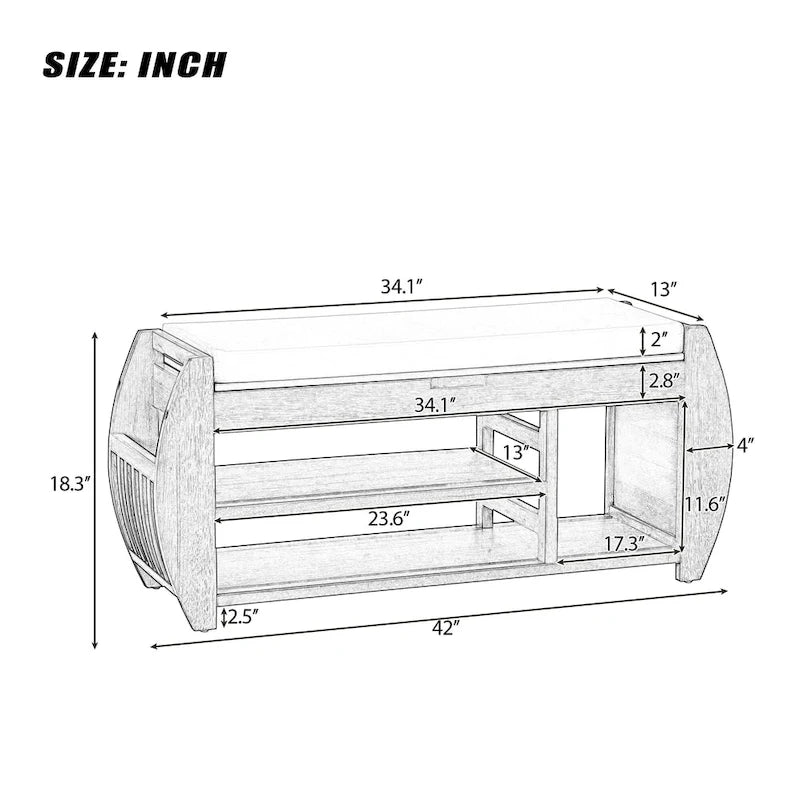 Banc de rangement rétro multifonctionnel avec coussin et panneau latéral courbé