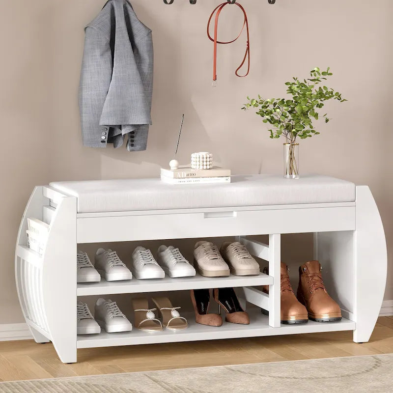 Banc de rangement rétro multifonctionnel avec coussin et panneau latéral courbé
