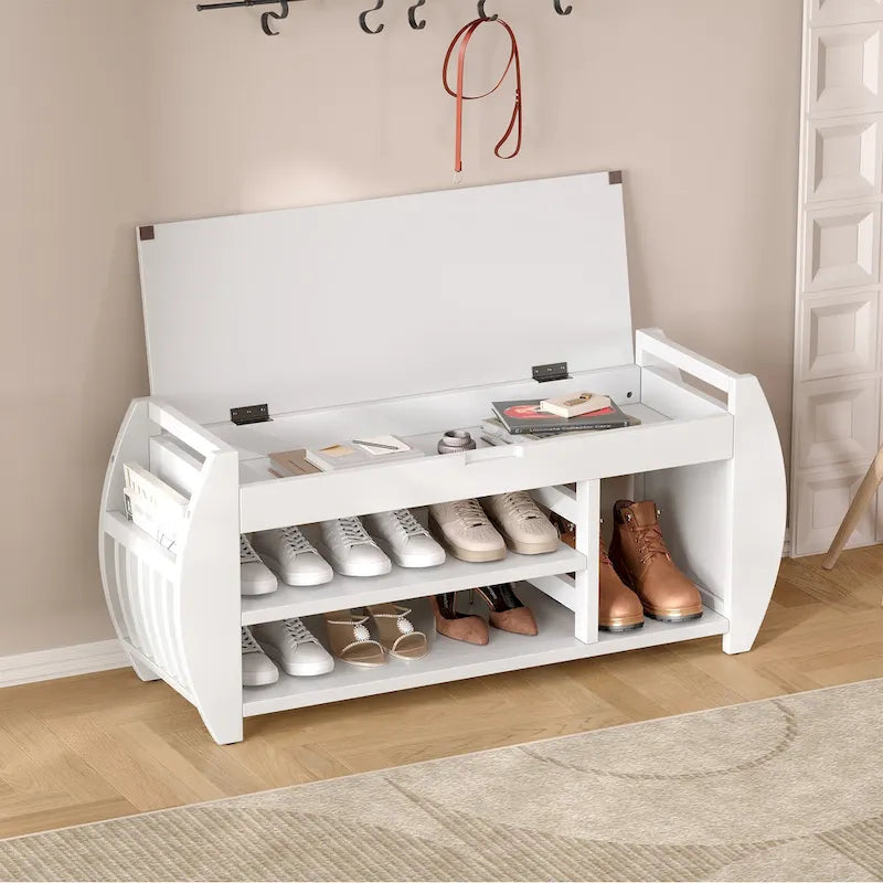 Banc de rangement rétro multifonctionnel avec coussin et panneau latéral courbé